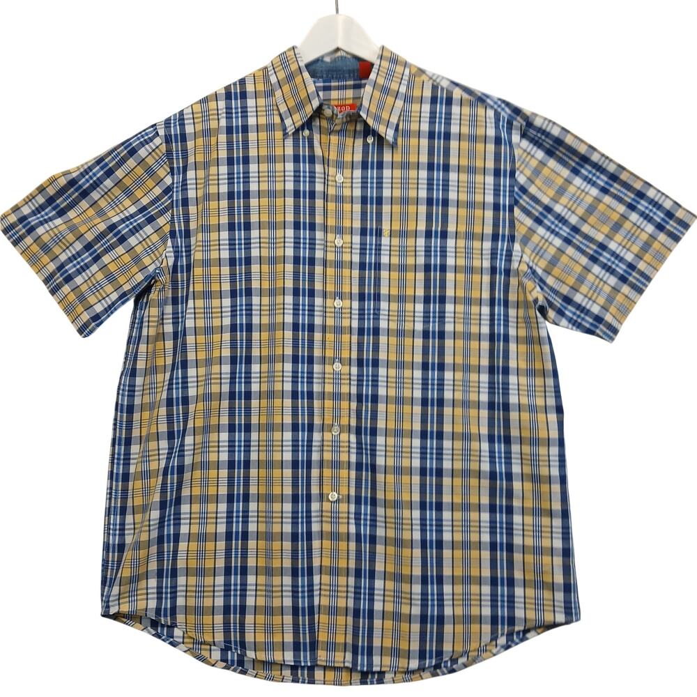 IZOD Mens Large Plaid Short Sleeve Button Up Shirt Blue Yellow Cotton
